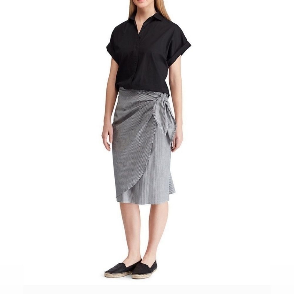 Chaps NWT Grey White Stripe Faux Wrap Skirt Size 16 Tie Cotton Office Boho
